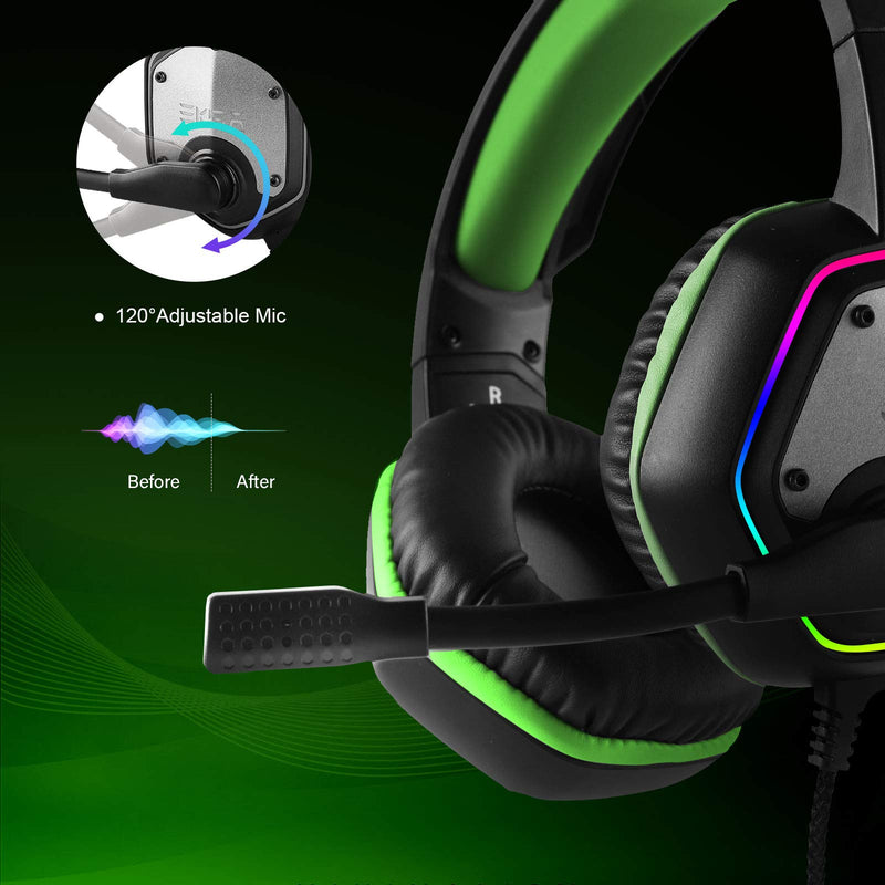 EKSA Gaming Headset with 7.1 Surround Sound Stereo, PS4 USB Headphones with Noise Canceling Mic & RGB Light, Compatible with PC, PS4, Laptop (Green) Green