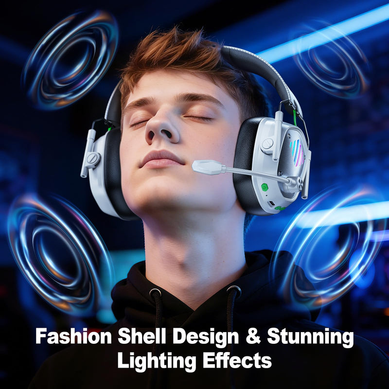 Wireless Gaming Headset for PS5, PS4, PC, Laptop, Mac & Switch, Dual Low-Latency 2.4GHz USB/Type-C & BT 5.4, ENC Noise-Canceling Mic, 3D Stereo Sound, RGB Lighting, 48H Battery Pure White