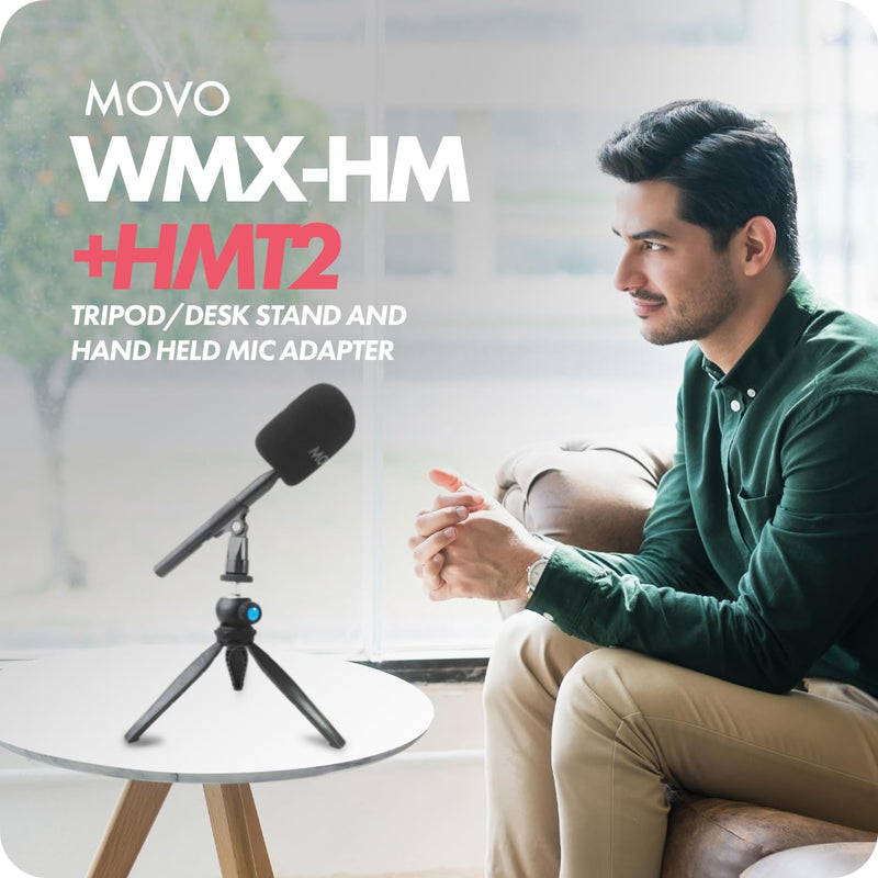Movo WMX-HM Wireless Interview Microphone Adapter w/Mic Stand - Compatible with DJI Mic, Rode Wireless GO, Hollyland Lark, and More - Great for Podcasting, Interviews, Reporters, and Content Creation
