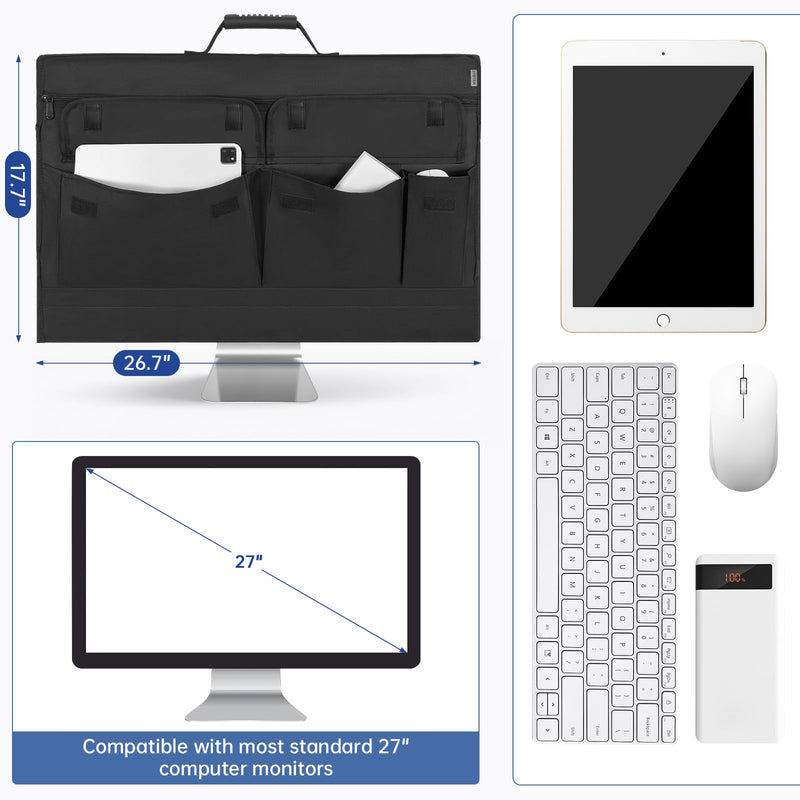 Monitor Carrying Case for 27'' LCD Screens Compatible with iMac 27 | Padded Protective Travel Bag with Handle & Multiple Pockets, Desktop Monitor Dust Cover for Moving, Business Trip Without Strap For 27" Screen