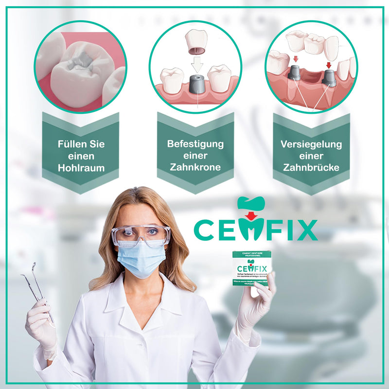 CEMFIX - For refixing dental crowns and bridges. The ideal solution for crowns, bridges, dental caries and lost fillings.