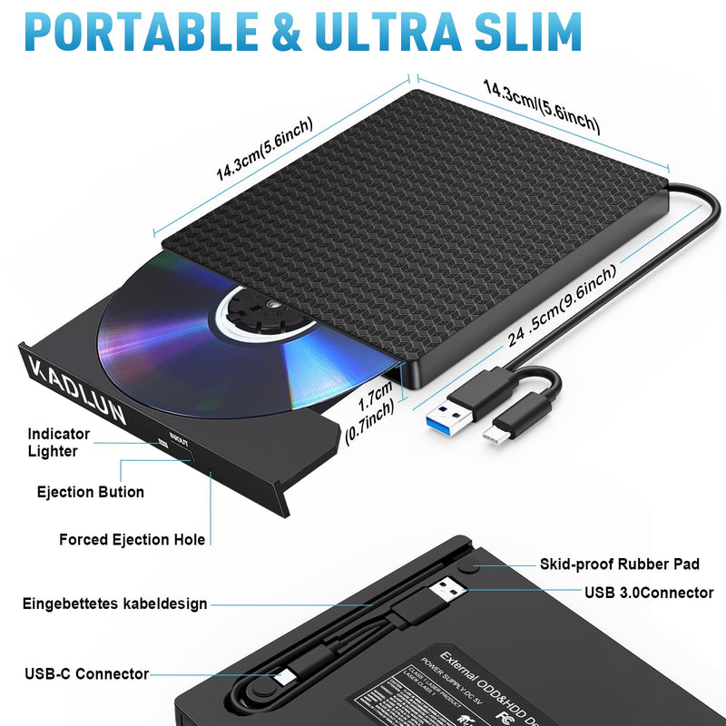 External CD/DVD Drive External USB 3.0 USB C External CD Drive for Laptop Desktop PC MacBook iMac, DVD +/-RW Burner Optical Drive External DVD Drive for Windows 11/10/8/7/XP/Linux/Vista/MacOS 5.71"x5.71"x0.75"