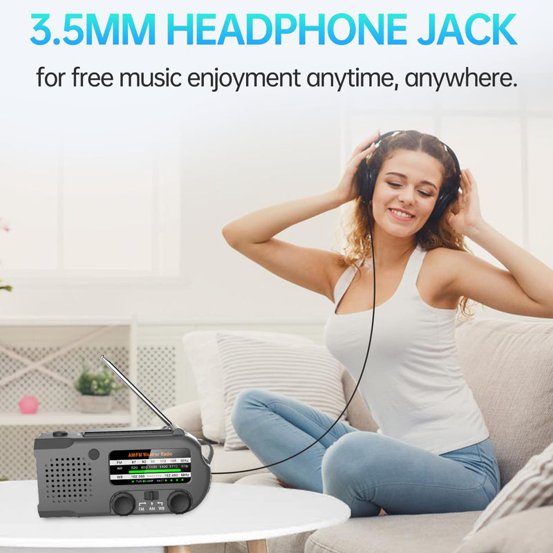 Emergency Radio, Multifunction Solar Crank Radio NOAA Weather AM/FM Radio 5000mAh/18500mWh with USB Charged, Reading Light, Flashlight, SOS Alarm, Headphone Jack Prepare for Emergencies Black