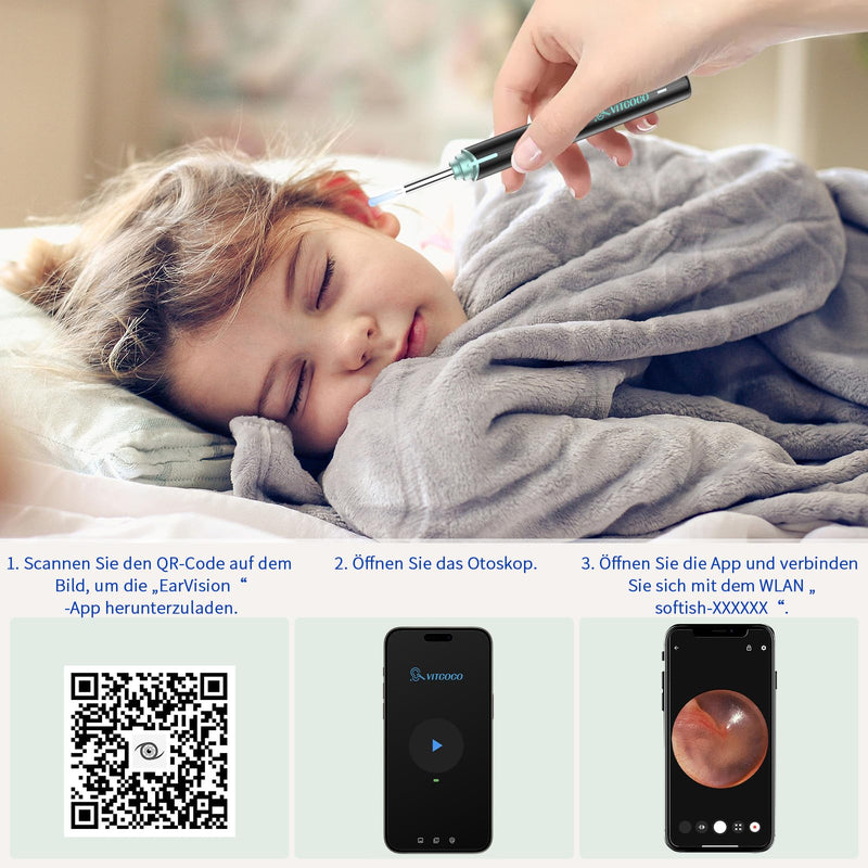[AUSTRALIA] - Earwax Remover Otoscope, VITCOCO 1920P WiFi Ear Cleaner, IP67 Waterproof Otoscope Ear, 360° Wide Angle Otoscope Camera with 6 LEDs for Adults, Children and Pets (Black) Black 