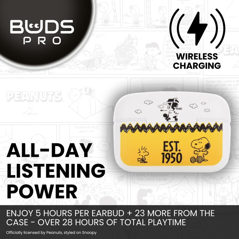 Buds Pro Peanuts Snoopy Wireless Bluetooth EarBuds & Phone Holder - In Ear Headphones with Microphone, 28+ Hours Playtime, Active Noise Cancelling Wireless Earbuds with IPX4 Rating & Charging Case