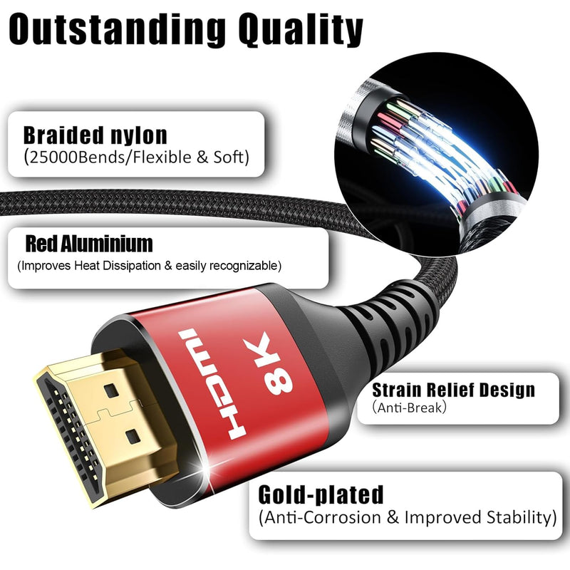 8K HDMI Cable 15 FT 4-Pack, Braided HDMI 2.1 Cable, High Speed 48Gbps | Red easy identification, Support 8K@60Hz, 4K@120Hz, HDR10+, SBTM, VRR, QFT, ALLM, 3D, HDCP 2.3 for PS5, Xbox, TV, PC, Monitor 15FT