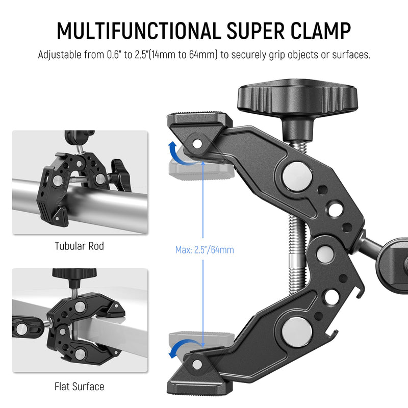 NEEWER Double Super Clamp with Magic Arm, Cleaning Cloth, Umbrella Camera Pole Clamp Mount for Desk Photo Studio Light Stand, Reflector, Scrim, Cross Bar, Motorcycle, Photography Accessories, UA036