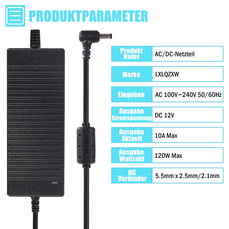 12V 10A Power Supply Adapter, AC 100V-240V to DC 12V 10A 120W Voltage Converter LED Transformer Power Supply 5.5 mm x 2.5/2.1 mm Plug for LED Strip Module Light CCTV Cameras 3D Printer 12 V, 10 A, 120 W