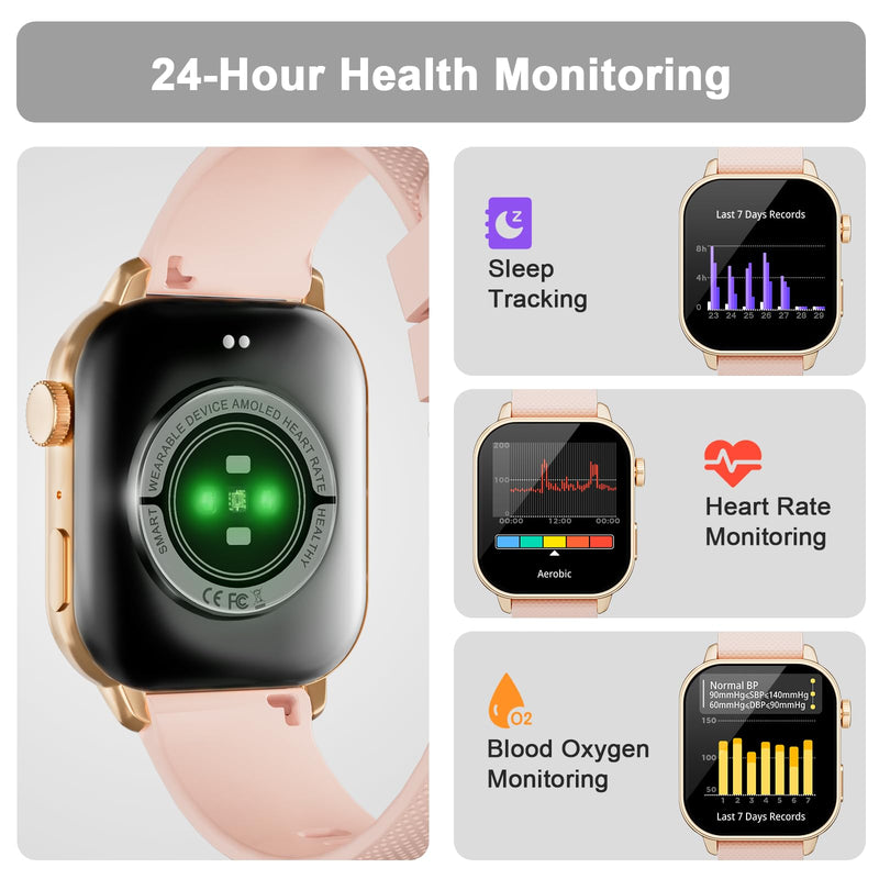 Smart Watches for Women with Bluetooth Call, 1.85" AMOLED HD Fitness Watch | Always on Display (AOD), 120+ Sport Modes, Heart Rate, Sleep & SpO2 Monitor, Text & App Alerts, IP68 Waterproof, Pink Gold