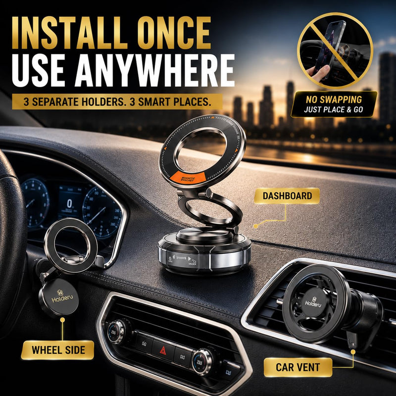 Magnetic Phone Holder for Car, 3-in-1 Magnetic Car Phone Mount for MagSafe with Dashboard, Air Vent & Steering Wheel Mounts, N55 Strong Magnet, Hands-Free Holder for iPhone 12-17 & MagSafe Cases