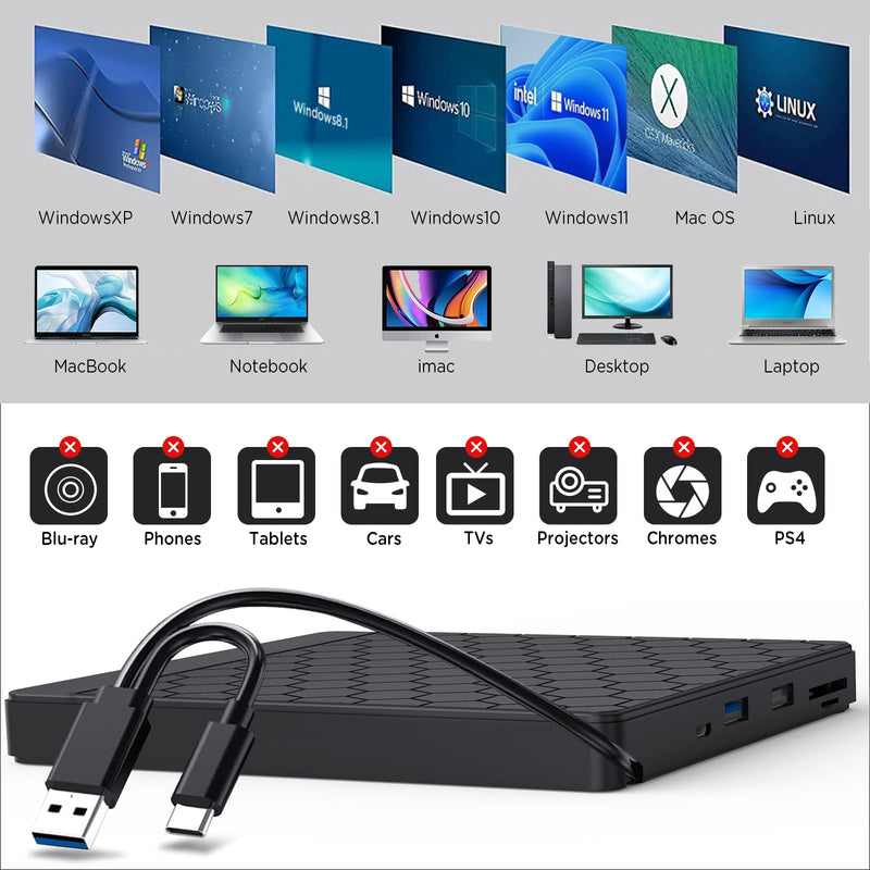 External CD/DVD Drive for Laptop, CD Burner with 2 USB Ports &TF/SD Card Slots, DVD Player for Laptop, USB 3.0 DVD Drive External CD Reader Compatible with Laptop Desktop PC Windows 11/10/8.1/7 Mac black