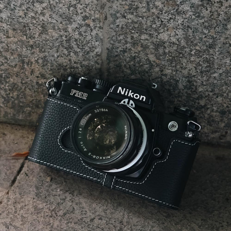 FM2 half case,Handmade Genuine Real Leather Half Camera Case Bag for Nikon FM2 FM2n FE2 (Black) Black