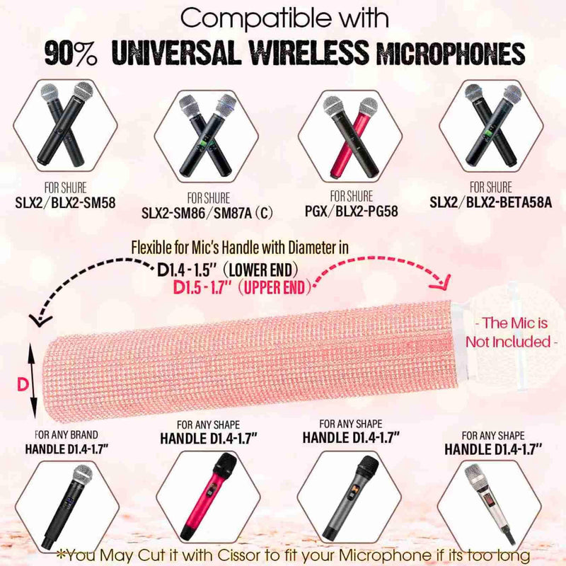 rhinestone Handle Cover for Wireless Microphone, Sparkly Crystal Mic Sleeve for Live Singing, DJ, Karaoke, Party, Wedding, Streaming Video Shooting (Rose Gold)