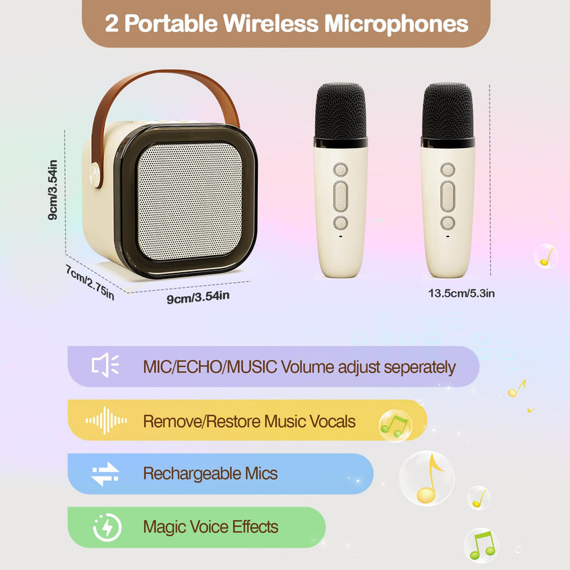 [AUSTRALIA] - Portable Karaoke Machine with 2 Wireless Microphone, Mini Portable Bluetooth Speaker with Wireless Microphone, Gifts for Kids Age 4-12, Boys, Girls, Adults, Party, Home KTV, Outdoor, Travel (Beige) Beige 