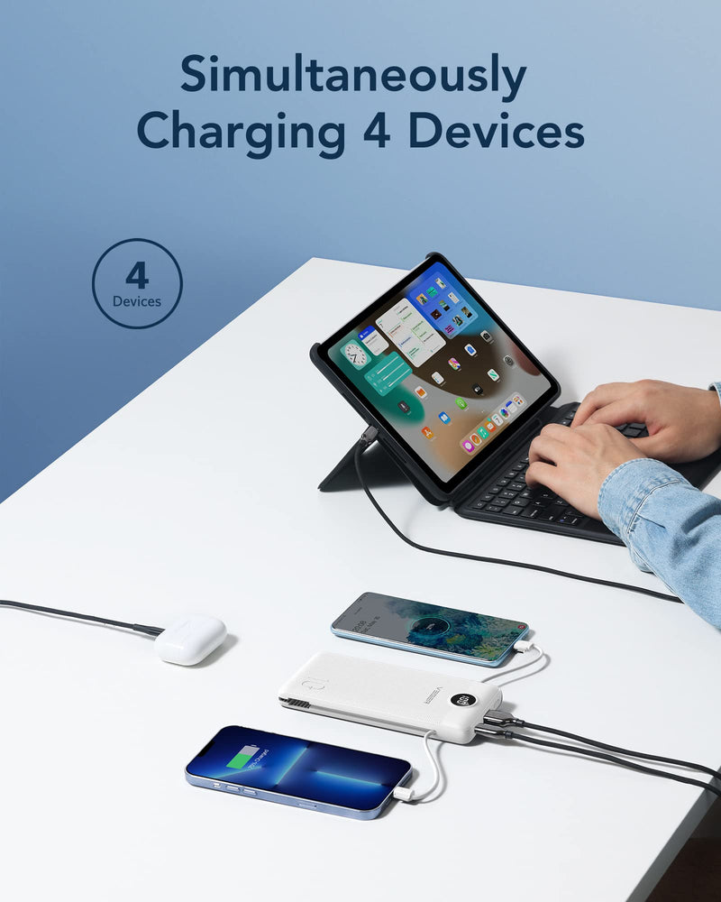 VEGER Portable Charger for iPhone Built in Cables and Wall Plug, 10000mah Slim Fast Charging USB C Power Bank, Travel Essential Battery Pack Compatible with iPhones, iPad, Samsung, and More(White) B White