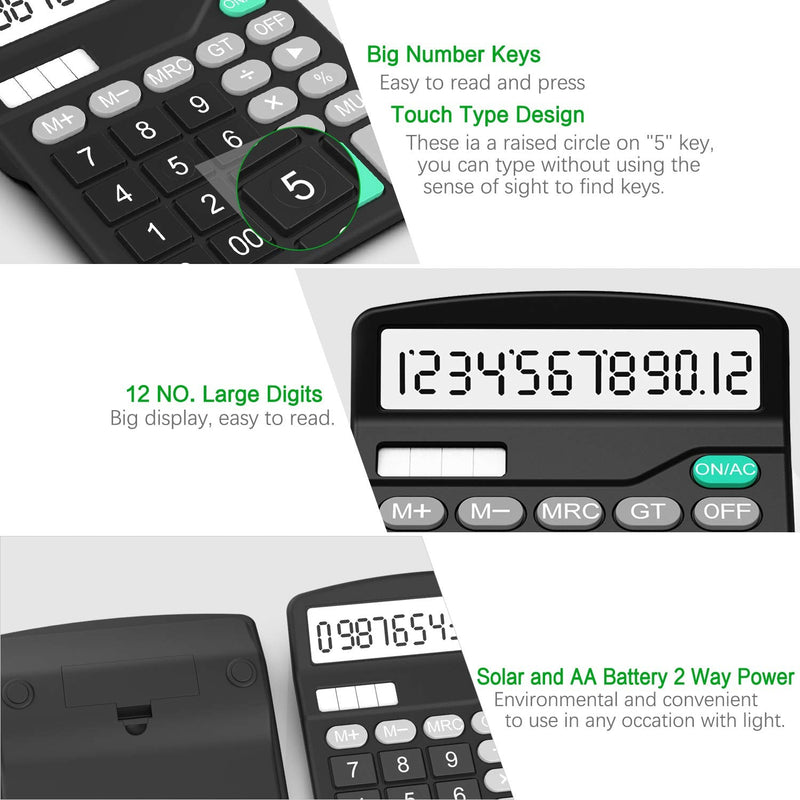 Calculator, Splaks 2 Pack Standard Functional Desktop Calculator Sola and AA Battery Dual Power Electronic Calculator with 12-Digit Large Display (1 Basic Black&1 Updated Silver) 1 Black&1 Silver