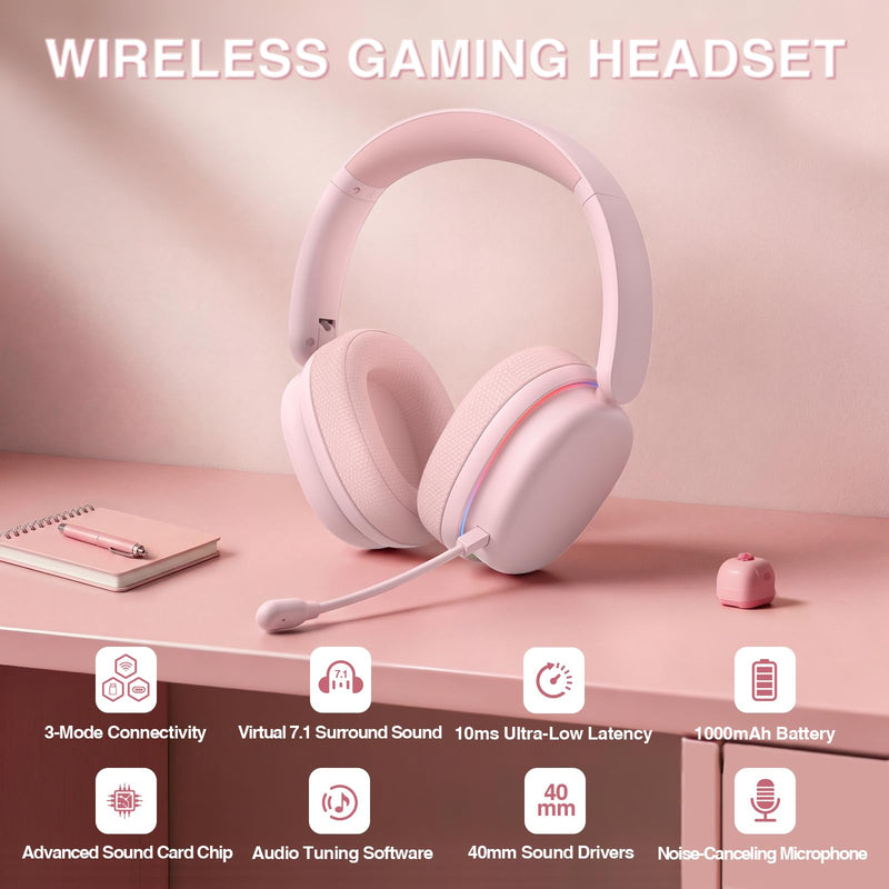 [AUSTRALIA] - AULA G7 Pro Wireless Gaming Headset with 7.1 Surround Sound, 40mm Driver, BT5.3 Gaming Headphones with Mic, RGB, 10ms Latency, 65H Battery, Pink Gaming Headset for PS5,PS4, Switch,Xbox,PC,Phone, Mac G7 Pro-Pink 