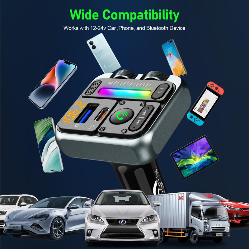 [AUSTRALIA] - Bluetooth Car Adapter - Bluetooth 5.3 FM Transmitter, PD 45W & QC3.0 12W Fast Car Charger, Wireless FM Stereo Radio Music Adapter [Hi-Fi Bass/Treble Roller], Hands-Free Calling/U-Disk Grey 