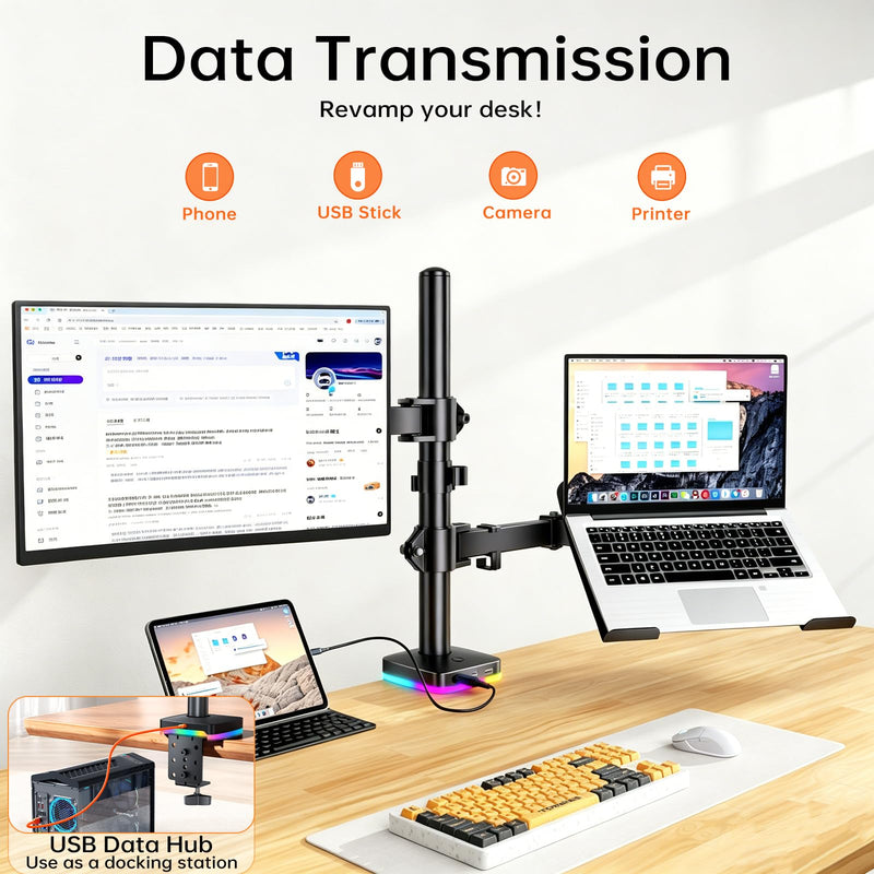 Afaloona RGB Monitor & Laptop Stand with USB Hub, Charging & Data Transfer | Fits 13-32" monitors and 11-17" laptops with a removable tray that converts to a dual monitor mount, up to 18 lb per arm RGB Laptop & Monitor Stand