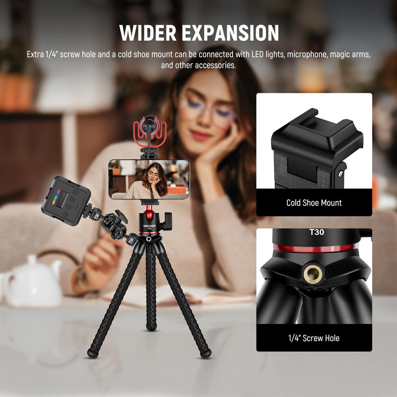 NEEWER Camera Tripod with Remote, Mini Flexible Tripod Stand with Action Camera Mount Adapter for Hero 12 11 10 9, Hidden Phone Holder with Cold Shoe, Vlog Phone Tripod for iPhone, Max Load 4.4lb, T30