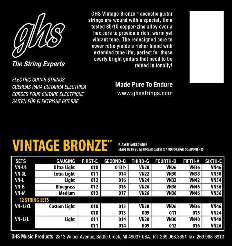 GHS Strings VN-12CL VINTAGE BRONZE Acoustic Guitar Strings, 12 Set, Custom Light (10-46) Custom Light (10-46) Pack of 12
