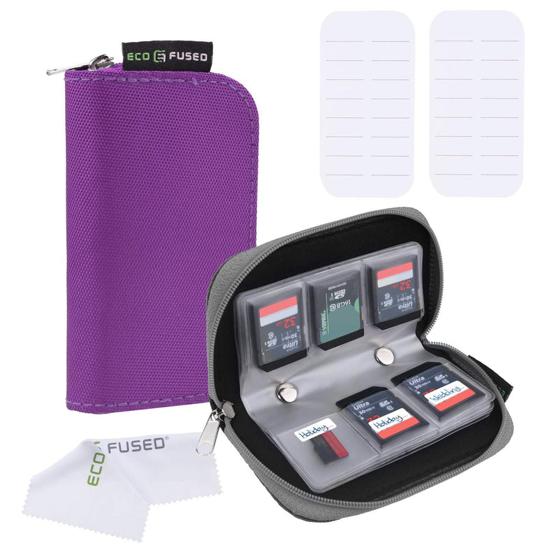 Eco-Fused Memory Card Carrying Case - Suitable for SDHC and SD Cards - 8 Pages and 22 Slots - ECO-FUSED Microfiber Cleaning Cloth Included - 2 Pack - 44 Slots, Grey + Purple