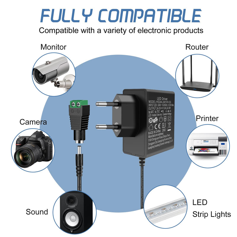 AGOTD 24V 1A Power Supply, Plug Power Supply 24V AC Adapter Input 220-240V 50-60HZ, 24-Volt Power Supply 1A 24W Output, Plug Adapters Converter Inverter Charger Transformer AC/DC Adapter 24 V 1 A