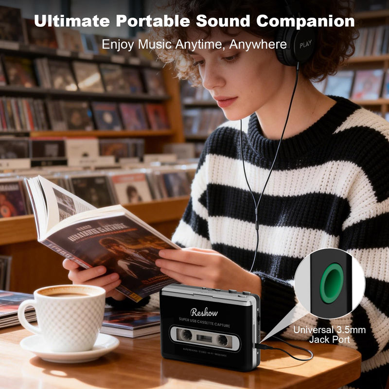 Reshow Cassette Tape Player, Portable Tape Player Audio Cassette to Digital Converter, Convert Cassette Tape Recorder to iPod Format Compatible with Laptops and Personal Computers - Black