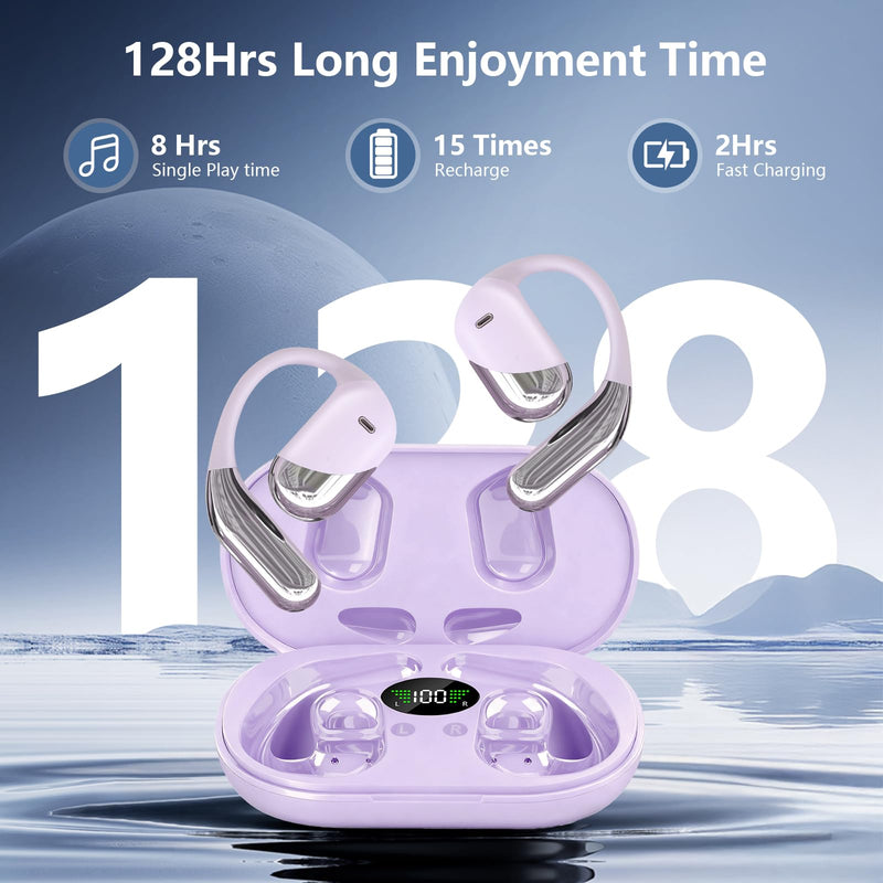 Open Ear Headphones,Over Ear Buds Clip Wireless Earbuds Bone Conduction Built-in Mic Earhook,Bluetooth 5.4 LED Display,60H Playtime Touch Control Design for Cycling,Running,Office,Ear Hooks Q16-H3 Violet
