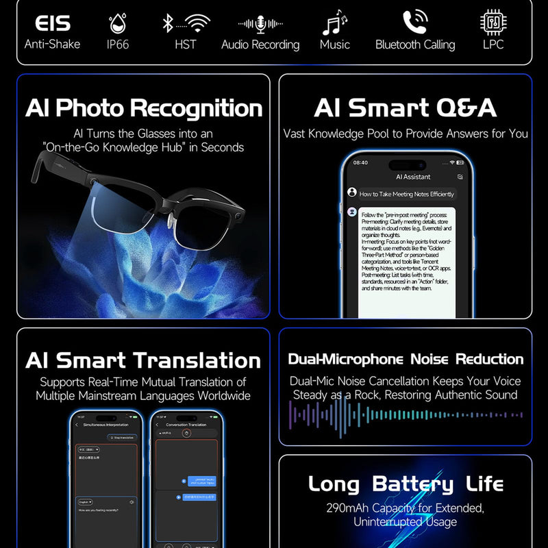 7 in 1 AI Smart Glasses with Camera W630 | 8MP HD Video Recording, AI Voice Assistant, Real-Time Translation, Anti-Blue Light, Bluetooth Call & Music