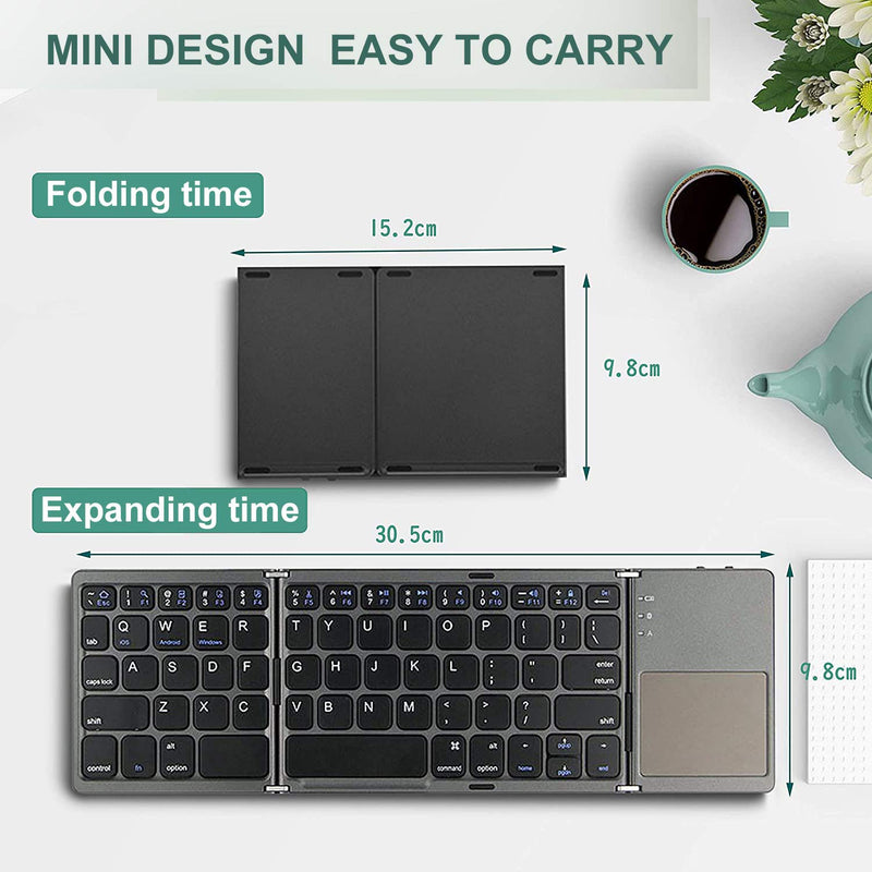 Foldable Bluetooth Keyboard, Rock&Rown Pocket Size Portable Wireless Keyboard with Touchpad for Mac OS,Android, Windows, Linux, PC, Tablet, with Rechargeable Li-ion Battery-Dark Gray