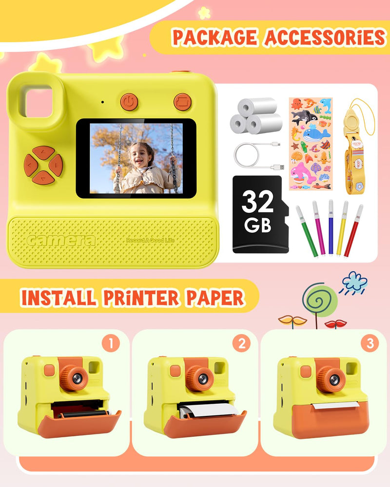 Kids Camera Instant Print, Christmas Birthday Gifts for Toddle Girls Boys Age 3-12, 20MP & 1080P Selfie Digital Camera with 3 Roll No-Ink Print Paper 32G SD Card - Yellow