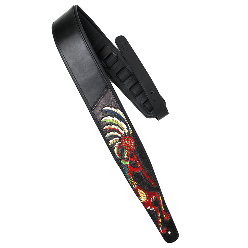 Walker And Williams KB-56-BLK Handmade 3" Wide Black Padded Guitar Strap With Carved Red Kokopelli Design On Premium Black Leather For Acoustic, Electric, And Bass Guitars