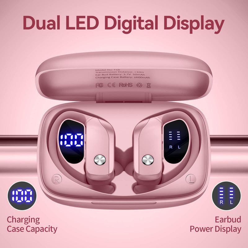 bmani 2 Sets Wireless Earbuds Bluetooth Headphones 48hrs Play Back Sport Earphones with LED Display Over-Ear Buds with Earhooks Built-in Mic Headset for Workout Pink+Purple