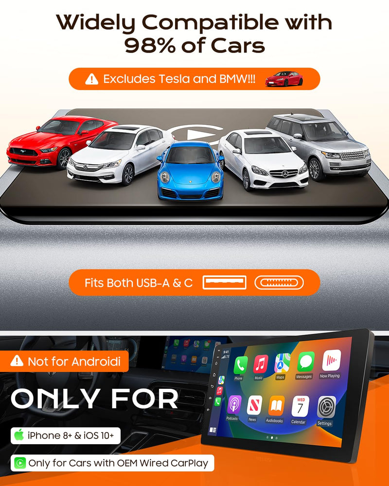 Mini Wireless CarPlay Adapter for iPhone Apple, USB-A/C Plug & Play | Go Wireless with Factory Wired Apple CarPlay, Fast Auto Connect, Low Latency, Compatible with iOS 10+ & 2015+ Cars, Gray