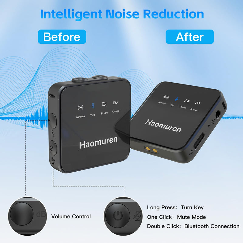 [AUSTRALIA] - Haomuren Wireless Lavalier Microphone 2 Pack,Wireless Microphone,Compatible with iPhone,Android,Camera,iPad,Tablet,PC,Noise Cancel,Echo,Bluetooth Lapel Mic for Video Recording,Stream,Vlogs Black 