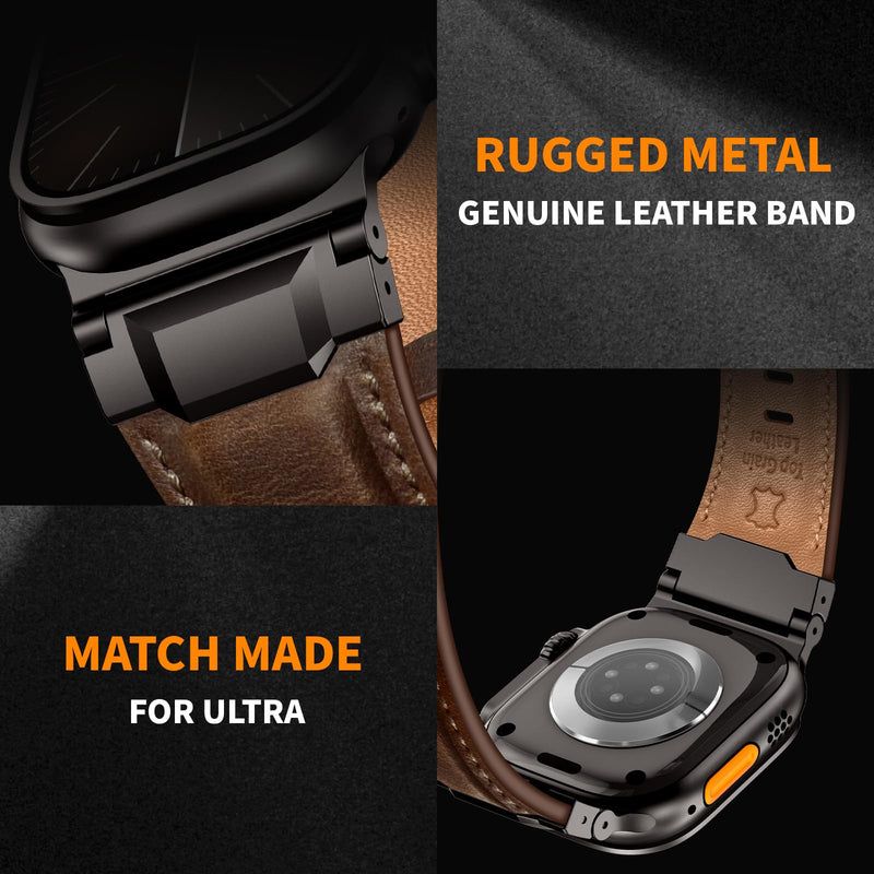 Leather Bands Compatible with Apple Watch Ultra 3/2/1 Band 49/46/45/44/42mm Men, Genuine Leather Metal Connector Strap for iWatch Ultra Series 11/10/9/8/SE, Dark Brown/Black+Light Brown/Black