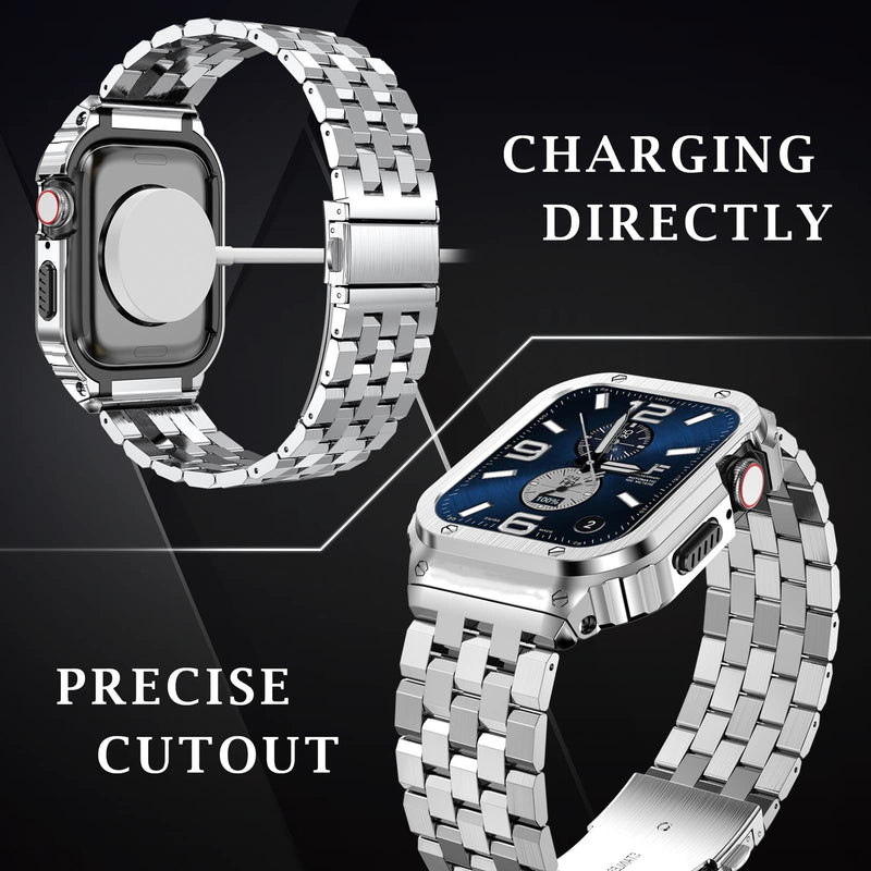 SUPLINK Stainless Steel Case and Band Compatible with Apple Watch Bands 45mm Men, Metal Rugged Protector Cover Strap for iWatch Apple Watch Series 9 8 7 Silver and Black
