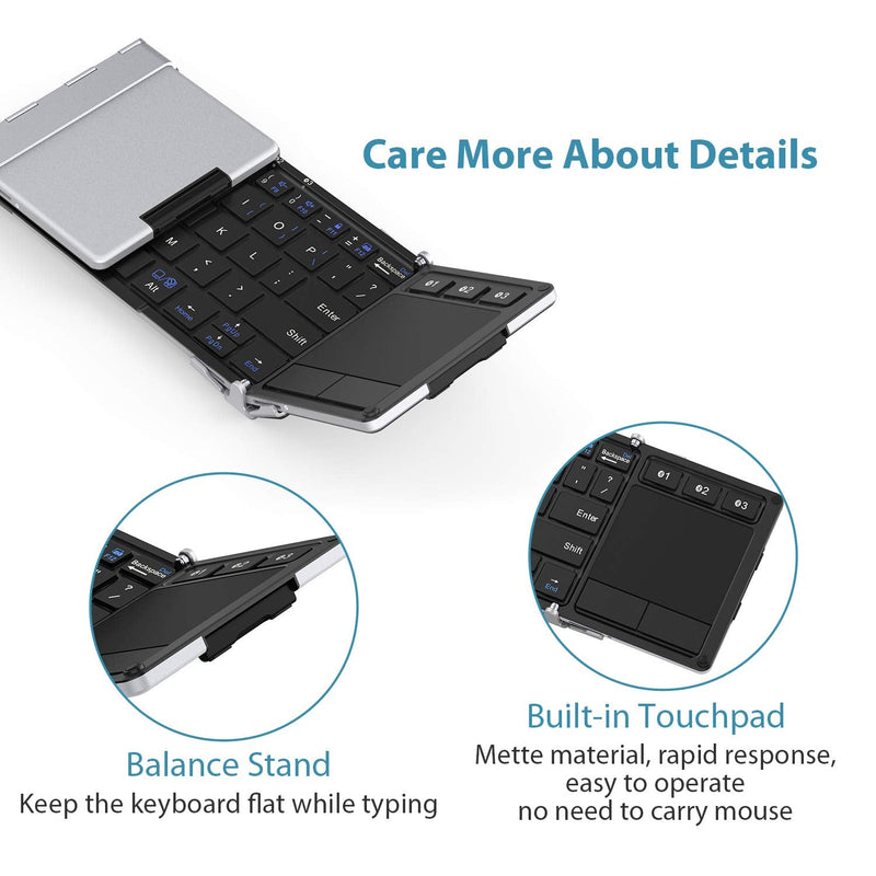 Foldable Keyboard, iClever BK08 Bluetooth Keyboard with Sensitive Touchpad (Sync Up to 3 Devices), Pocket-Sized Tri-Folded Portable Keyboard for iPad Mac iPhone Android Windows iOS, Silver