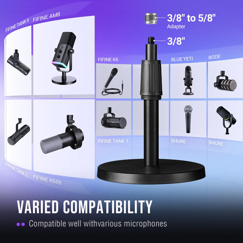 FIFINE Desktop Microphone Stand, Heavy-Duty Metal Adjustable Tabletop Mic Stand with 5/8" Male to 3/8" Female Screw Adapter, 4 Non-Slip Pads Compatible with Microphones for Recording, Streaming-BS1
