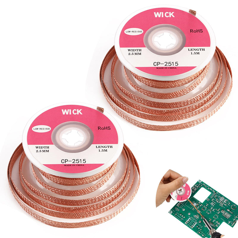 Pack of 2 Desoldering Braids with Flux, No Clean Desoldering Braid Made of Pure Copper, Premium Desoldering Wire for PCB Repairs, 2.5 mm Width, 1.5 m Length