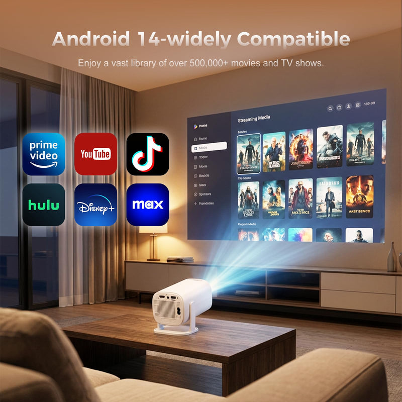 [AUSTRALIA] - Mini Projector with Wifi and Bluetooth, Build-in Android 14, Portable Projector Outdoor&Ceiling Use, Auto Keystonet&270°Rotatable, 200 Ansi, 4k Home Thearter Movie Projector for HDMI USB 