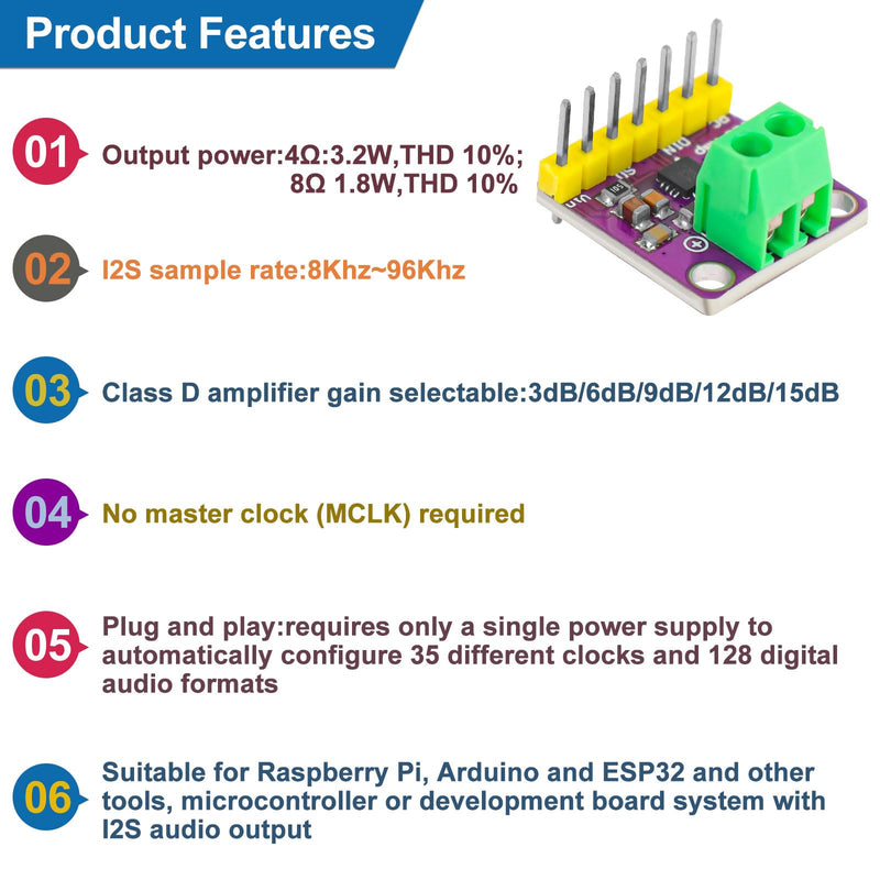 5Pcs MAX98357 Audio Power Amplifier Module I2S DAC Class D Audio Board with Du Pont Wire for Raspberry Pi Arduino ESP32 5