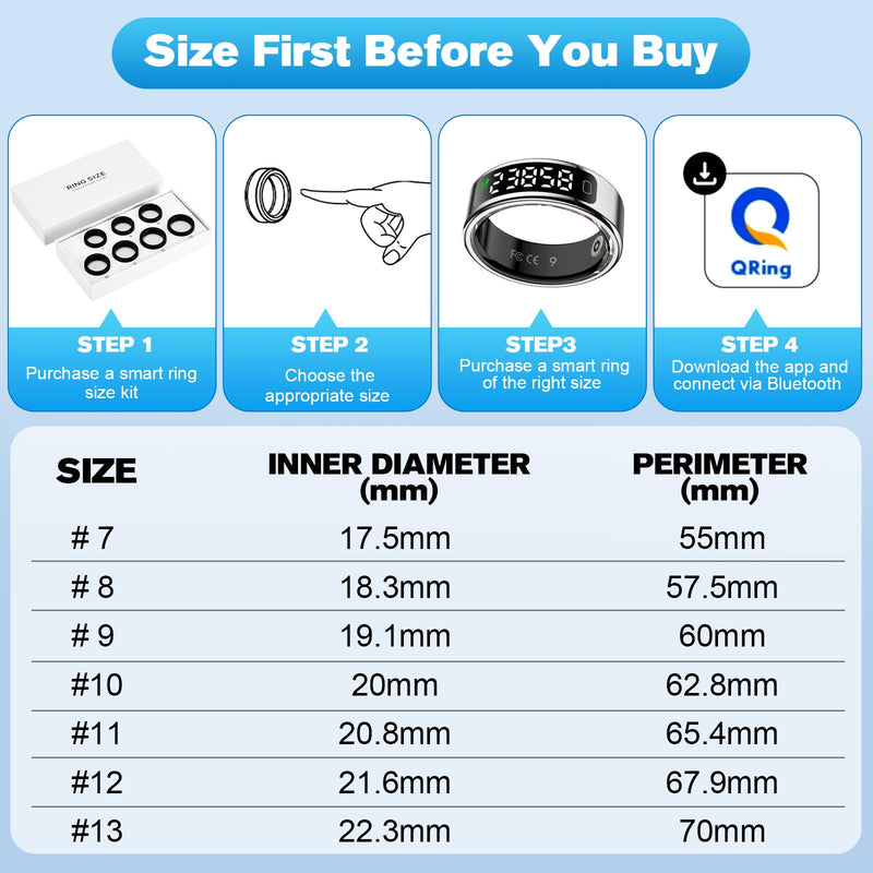 Smart Ring Health Tracker for Men/Women,Fitness Ring Sleep Tracker with LED Display Sreeen,Fast Charging,Health and Sleep Monitoring,Motion Tracking,Female Cycle,Waterproof(Silver,11) 11 Silver
