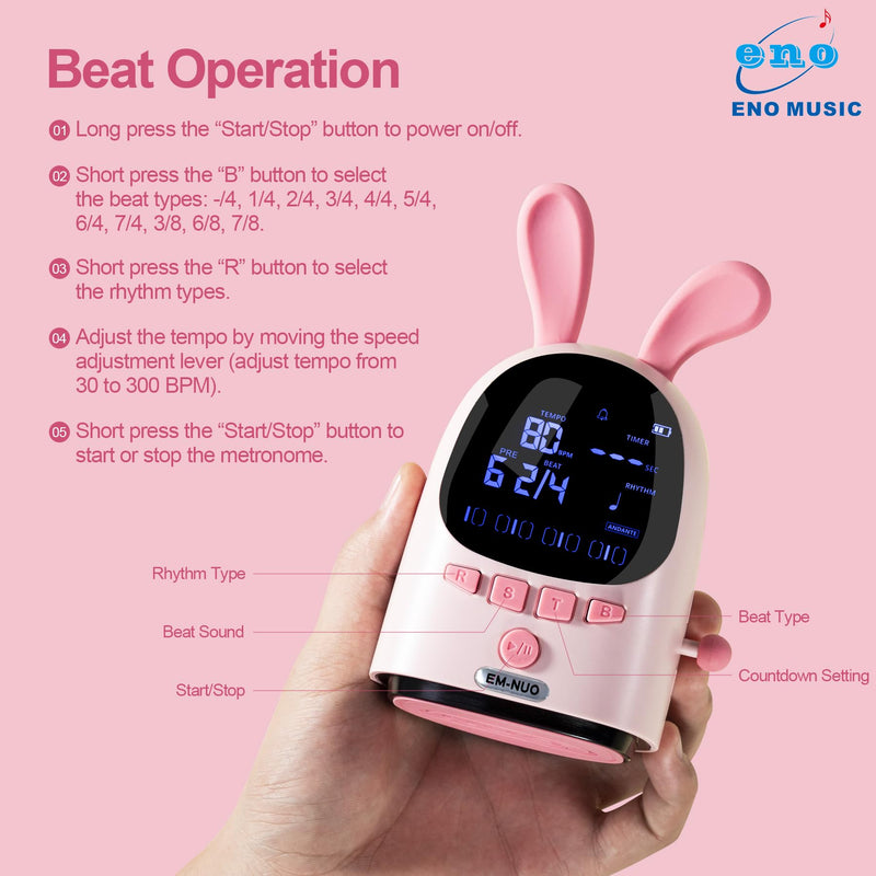 ENO MUSIC Easy Control Rechargeable Electric Metronome for Acoustic Guitar Violin Ukulele Drum Piano Players with Big Sound Digital Metronome-Rabbit