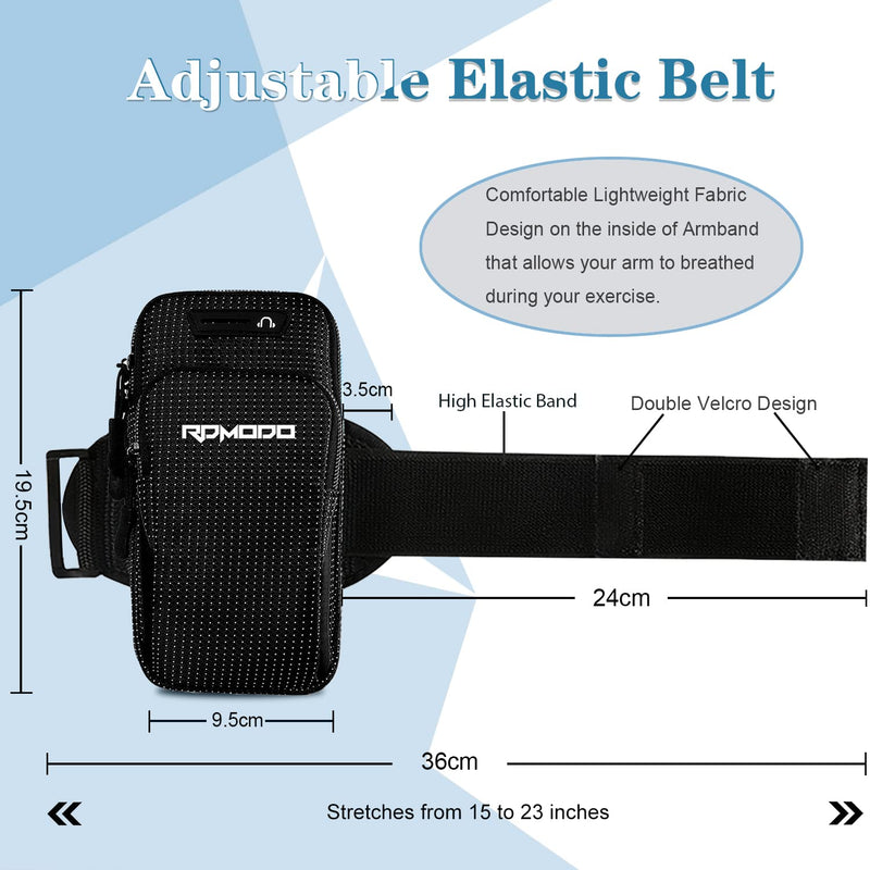 Running Armband Phone Holder, Water Resistant Arm Bands for iPhone Samsung LG Card Keys, 2 Pockets Plus Size Elastic Band Phone Pouch for Running Exercise Gym Walking Women Men Under 7.5 Inch 7.5 inches Black