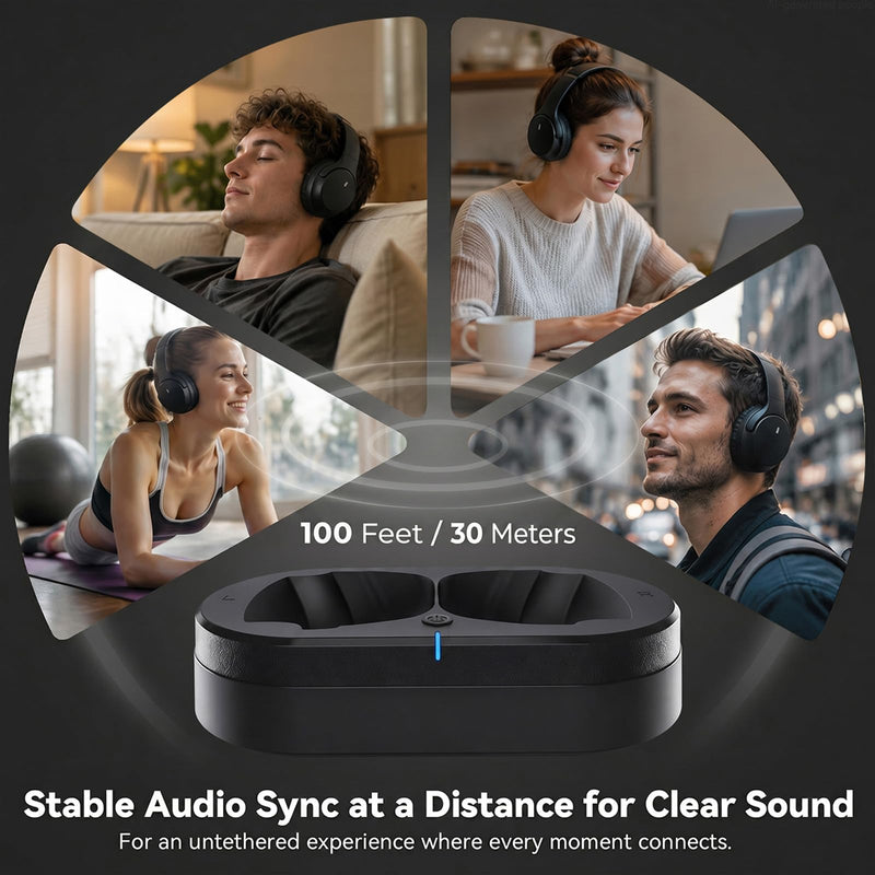 Wireless Headphones for TV Watching, TV Headphones Wireless for Seniors with Versatile Transmitter Charging Dock, Instant Audio Sync, 60-Hour Playtime, Perfect for Parents & Seniors, Black