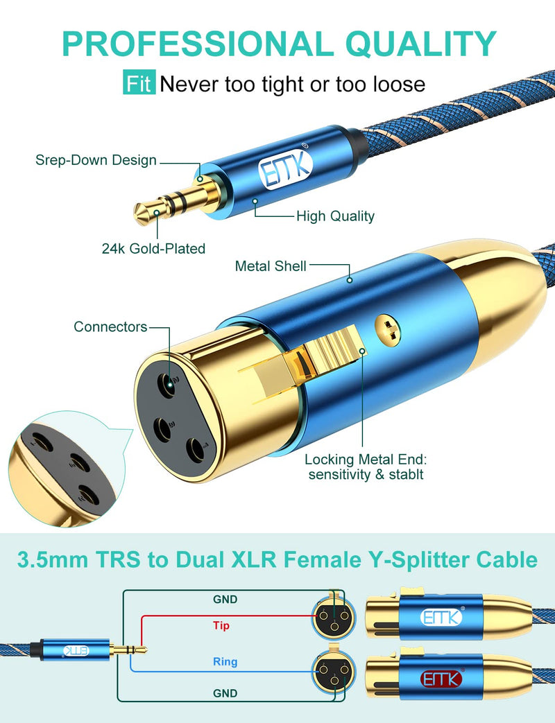 EMK Dual Female XLR to 3.5mm Cable, Unbalanced XLR Female to 1/8 Inch Mini Jack TRS Stereo Aux Interconnect Audio Mic Breakout Patch Cord(6.6FT/2M) 6.6FT/2M 3.5mm Male/2XLR Female