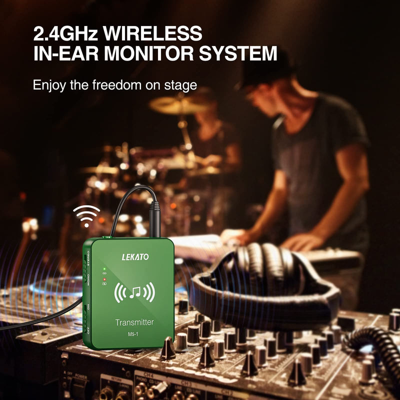 LEKATO Wireless in Ear Monitor System, 2.4G Stereo Wireless IEM System with Transmitter Beltpack Receiver Automatic Pairing, for Studio, Band Rehearsal, Live Performance,Green Green