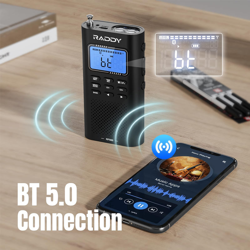 [AUSTRALIA] - Raddy RF886 Portable Shortwave Radio AM/FM/SW/VHF/WB Digital Radio BT Connection with NOAA and Alert, Rechargeable Pocket w/ 9.85 Ft Wire Antenna 5-Band 